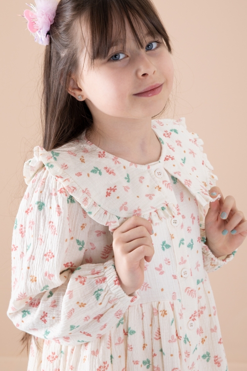 Ekru Yaprak Desenli Düğmeli Müslin Kız Çocuk Elbise 20309