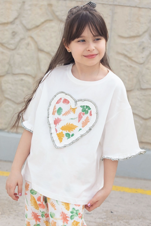 Ekru Yaprak Desenli Pantolonlu Oversize Tişörtlü Kız Takım 20228