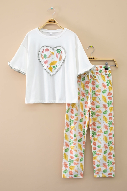 Ekru Yaprak Desenli Pantolonlu Oversize Tişörtlü Kız Takım 20228