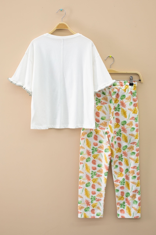 Ekru Yaprak Desenli Pantolonlu Oversize Tişörtlü Kız Takım 20228