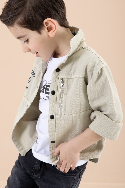 Erkek Çocuk Bej Fermuar Cepli Yazı Baskılı Tişörtlü Ceket 20090