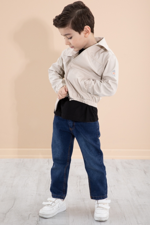 Erkek Çocuk Bej Sırtı Baskılı Fermuarlı Ceketli Pantolonlu 3lü Takım 20277