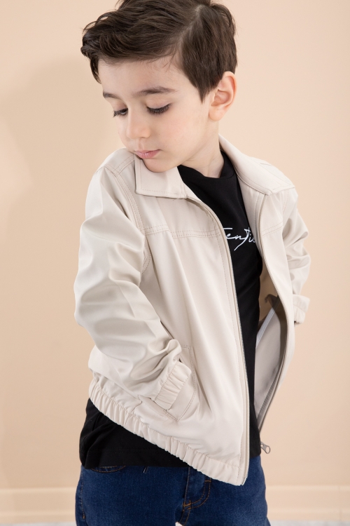 Erkek Çocuk Bej Sırtı Baskılı Fermuarlı Ceketli Pantolonlu 3lü Takım 20277