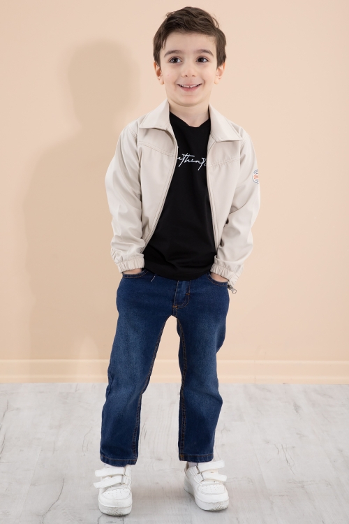 Erkek Çocuk Bej Sırtı Baskılı Fermuarlı Ceketli Pantolonlu 3lü Takım 20277