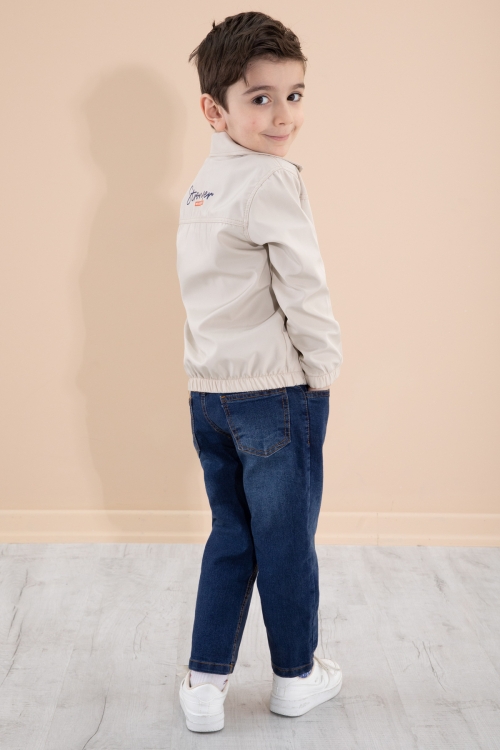 Erkek Çocuk Bej Sırtı Baskılı Fermuarlı Ceketli Pantolonlu 3lü Takım 20277