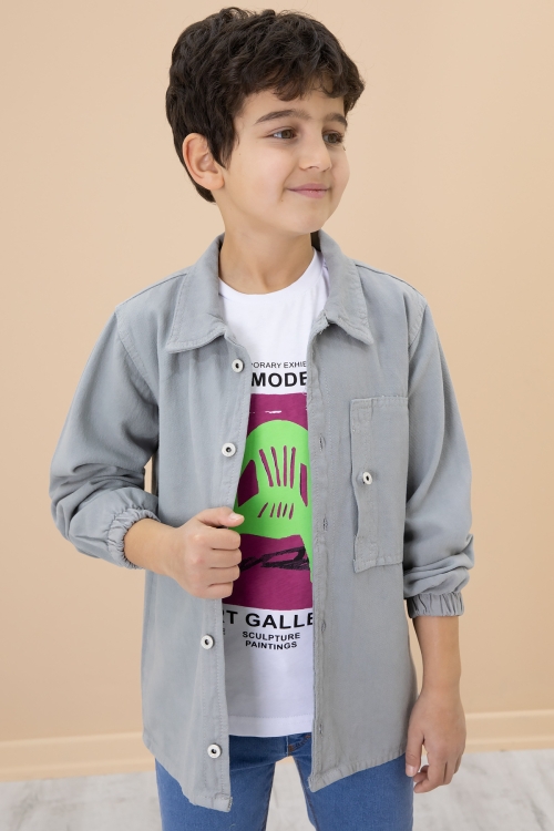 Erkek Çocuk Gri Baskılı Tişörtlü Jean Gömlekli 2li Takım 20030