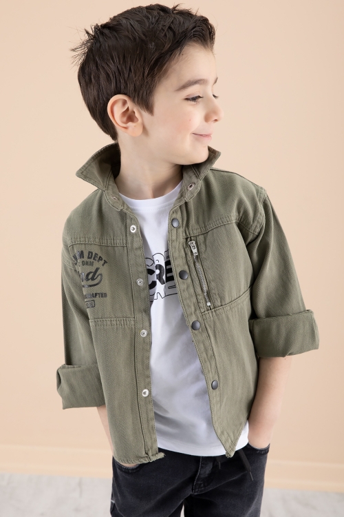 Erkek Çocuk Haki Fermuar Cepli Yazı Baskılı Tişörtlü Ceket 20092