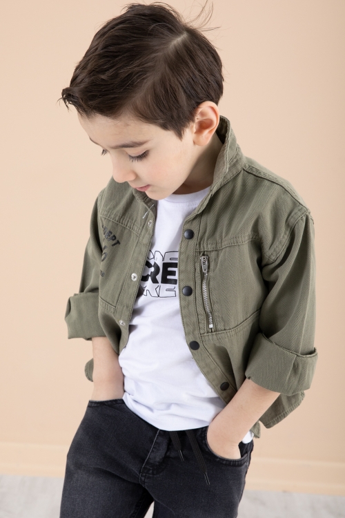 Erkek Çocuk Haki Fermuar Cepli Yazı Baskılı Tişörtlü Ceket 20092