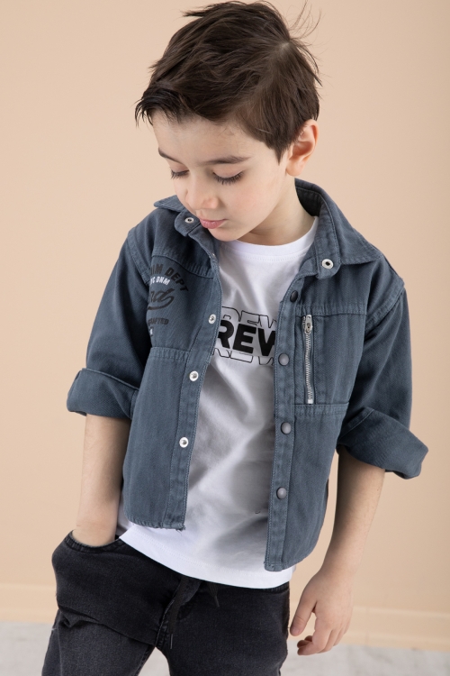 Erkek Çocuk İndigo Fermuar Cepli Yazı Baskılı Tişörtlü Ceket 20089