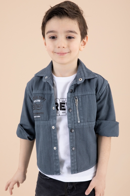 Erkek Çocuk İndigo Fermuar Cepli Yazı Baskılı Tişörtlü Ceket 20089