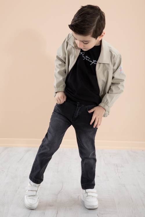 Erkek Çocuk Krem Sırtı Baskılı Fermuarlı Ceketli Pantolonlu 3lü Takım 20280