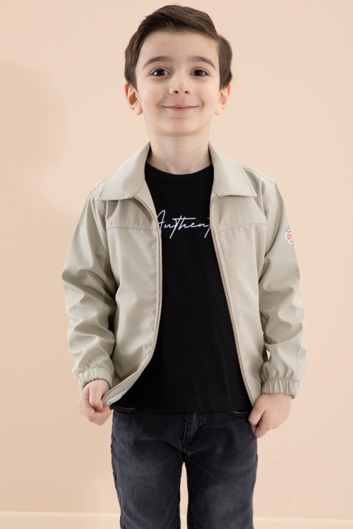 Erkek Çocuk Krem Sırtı Baskılı Fermuarlı Ceketli Pantolonlu 3lü Takım 20280