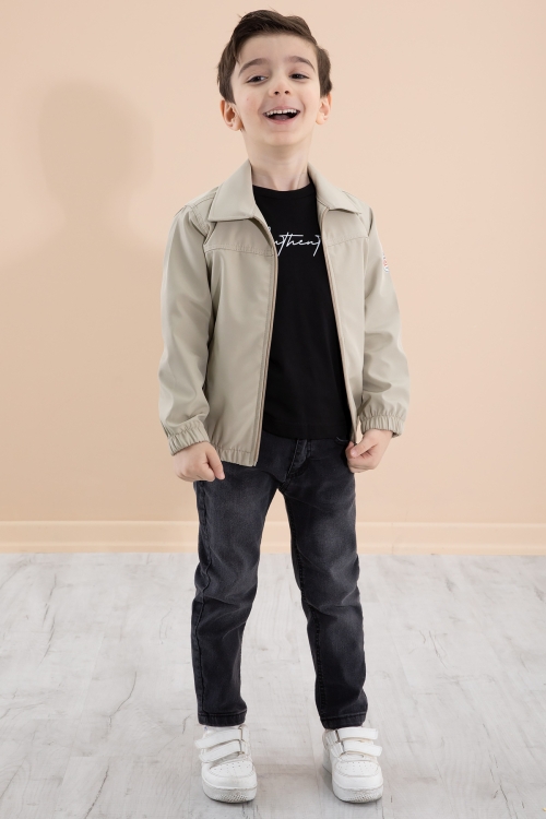 Erkek Çocuk Krem Sırtı Baskılı Fermuarlı Ceketli Pantolonlu 3lü Takım 20280