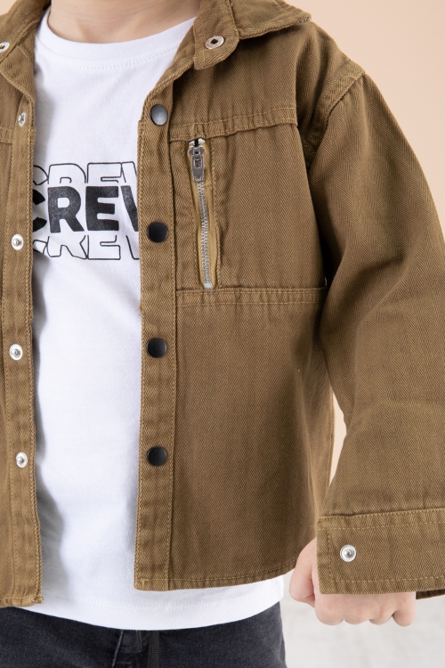 Erkek Çocuk Taba Fermuar Cepli Yazı Baskılı Tişörtlü Ceket 20093