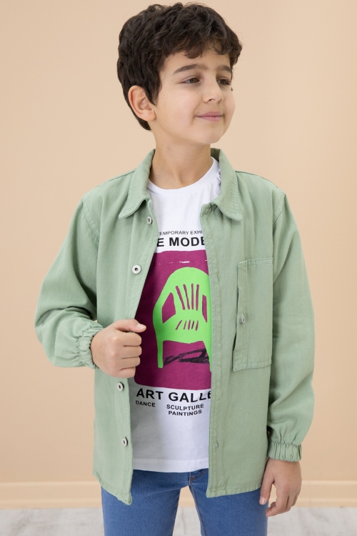 Erkek Çocuk Yeşil Baskılı Tişörtlü Jean Gömlekli 2li Takım 20029