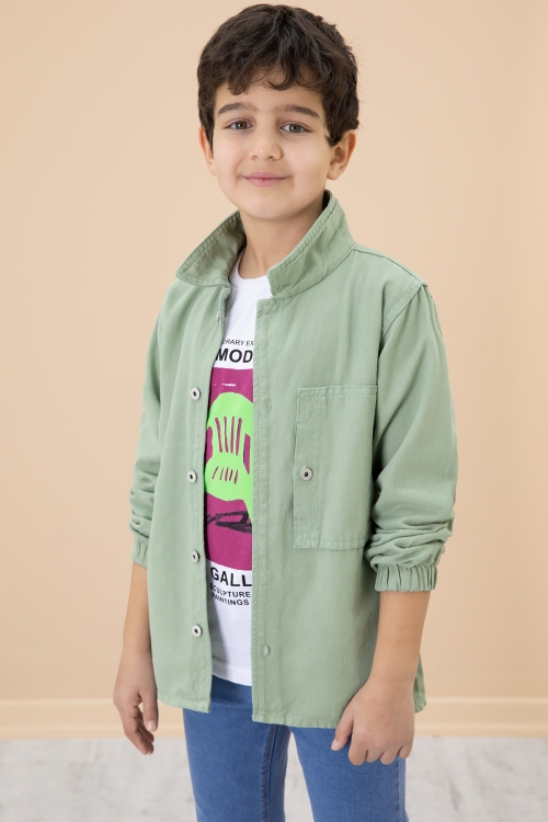 Erkek Çocuk Yeşil Baskılı Tişörtlü Jean Gömlekli 2li Takım 20029