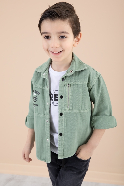 Erkek Çocuk Yeşil Fermuar Cepli Yazı Baskılı Tişörtlü Ceket 20091