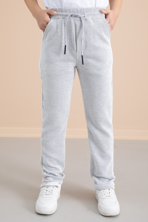 Fitilli Gri Çizgili Erkek Çocuk Beli Lastikli Pantolon 20379