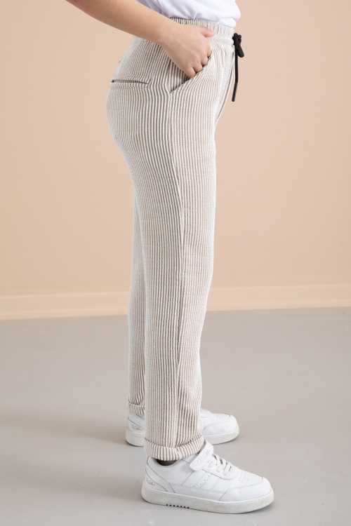 Fitilli Kahverengi Çizgili Erkek Çocuk Beli Lastikli Pantolon 20377