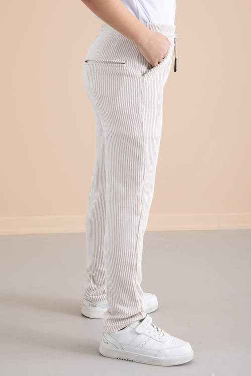 Fitilli Krem Çizgili Erkek Çocuk Beli Lastikli Pantolon 20378