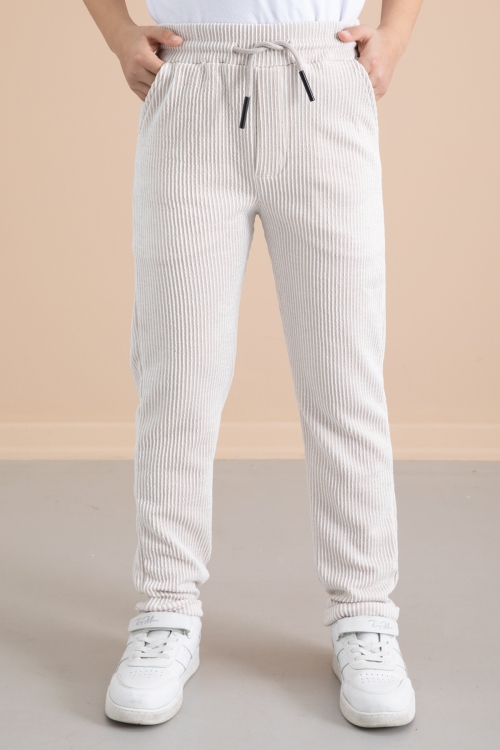 Fitilli Krem Çizgili Erkek Çocuk Beli Lastikli Pantolon 20378