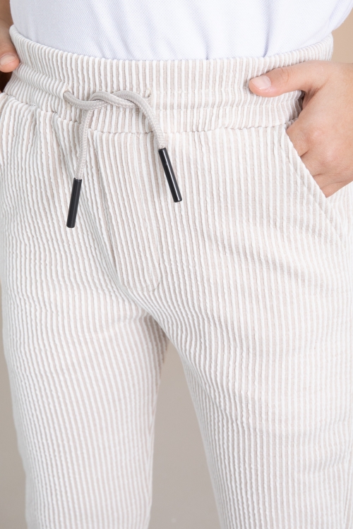 Fitilli Krem Çizgili Erkek Çocuk Beli Lastikli Pantolon 20378