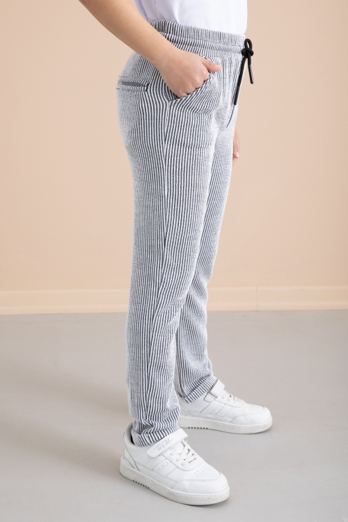 Fitilli Siyah Çizgili Erkek Çocuk Beli Lastikli Pantolon 20373