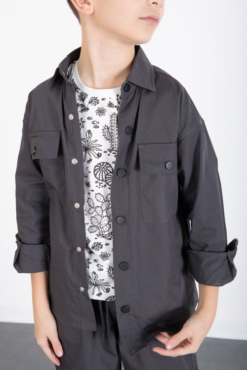 Füme Baskılı Tişörtlü Paraşüt Gömlek ve Pantolonlu Erkek Çocuk 3lü Takım 20513