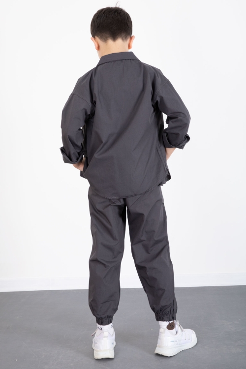 Füme Baskılı Tişörtlü Paraşüt Gömlek ve Pantolonlu Erkek Çocuk 3lü Takım 20513