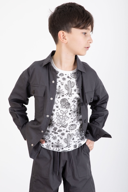 Füme Baskılı Tişörtlü Paraşüt Gömlek ve Pantolonlu Erkek Çocuk 3lü Takım 20513