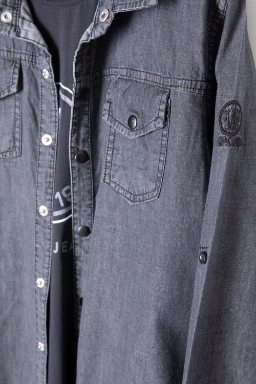 Füme Bisiklet Yaka Tişörtlü Erkek Çocuk Göğüs Cepli Jean Gömlek 20081