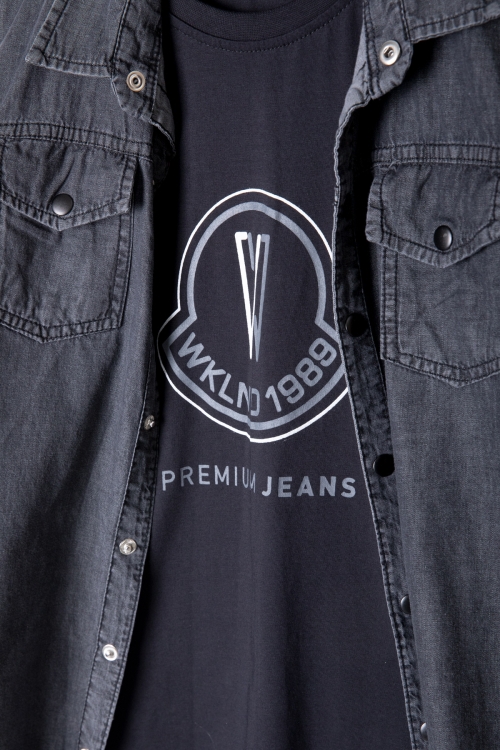 Füme Bisiklet Yaka Tişörtlü Erkek Çocuk Göğüs Cepli Jean Gömlek 20081