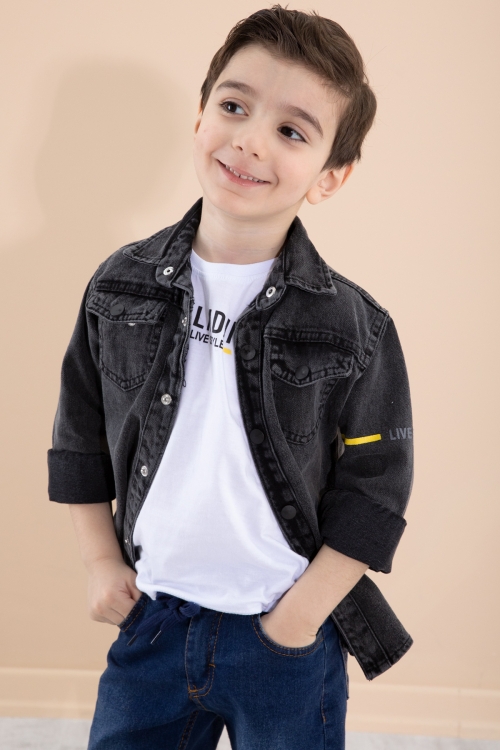Füme Bisiklet Yaka Tişörtlü Sırtı Baskılı Erkek Çocuk Jean Gömlek 20087
