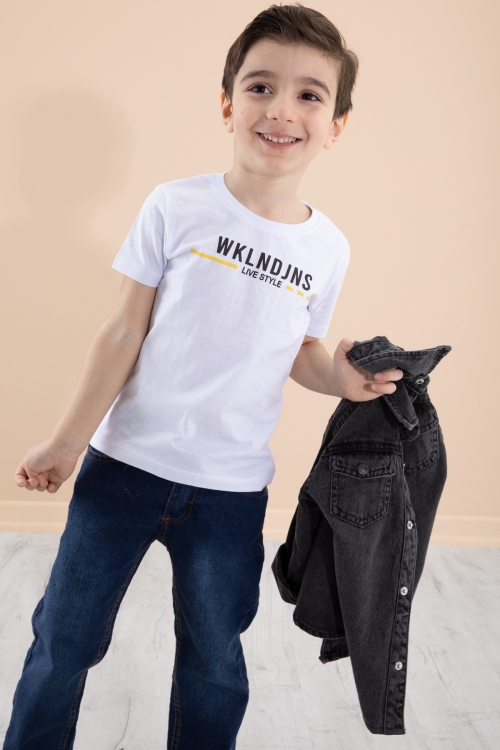 Füme Bisiklet Yaka Tişörtlü Sırtı Baskılı Erkek Çocuk Jean Gömlek 20087