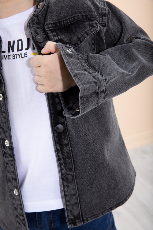 Füme Bisiklet Yaka Tişörtlü Sırtı Baskılı Erkek Çocuk Jean Gömlek 20087