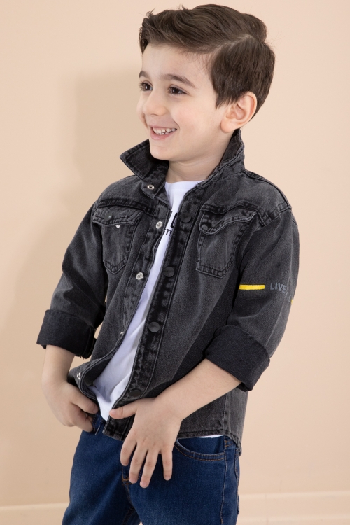 Füme Bisiklet Yaka Tişörtlü Sırtı Baskılı Erkek Çocuk Jean Gömlek 20087