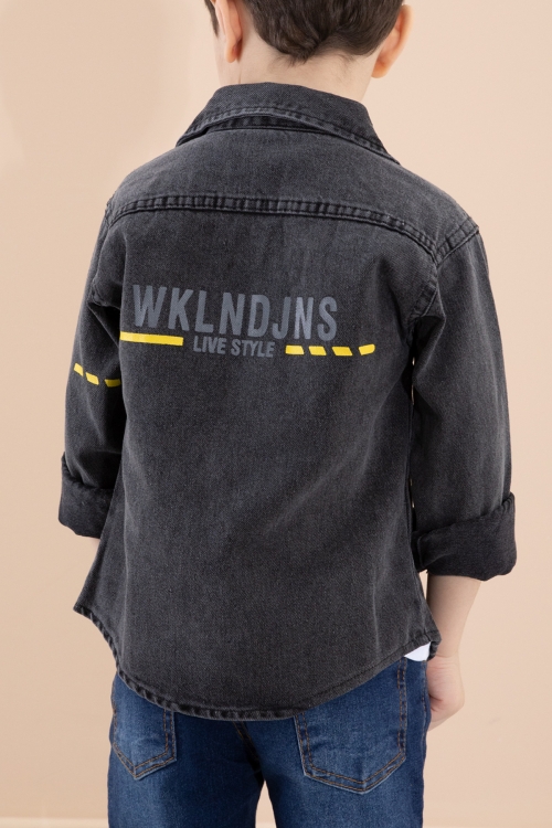 Füme Bisiklet Yaka Tişörtlü Sırtı Baskılı Erkek Çocuk Jean Gömlek 20087