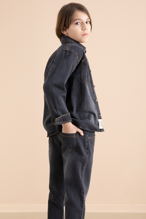 Füme Düğmeli Jean Gömlekli Pantolonlu 3lü Erkek Çocuk Takım 19997