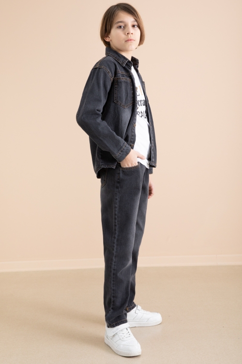 Füme Düğmeli Jean Gömlekli Pantolonlu 3lü Erkek Çocuk Takım 19997