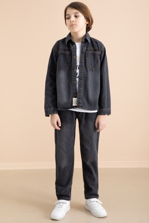 Füme Düğmeli Jean Gömlekli Pantolonlu 3lü Erkek Çocuk Takım 19997