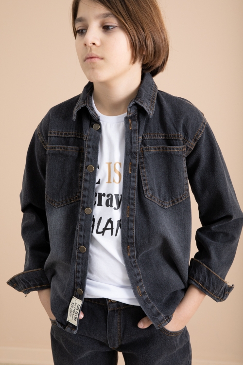 Füme Düğmeli Jean Gömlekli Pantolonlu 3lü Erkek Çocuk Takım 19997