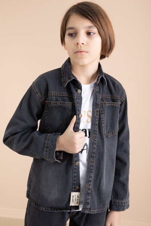 Füme Düğmeli Jean Gömlekli Pantolonlu 3lü Erkek Çocuk Takım 19997