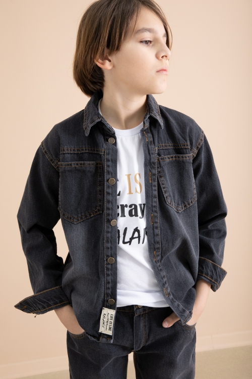 Füme Düğmeli Jean Gömlekli Pantolonlu 3lü Erkek Çocuk Takım 19997