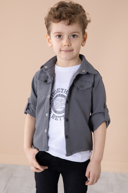 Füme Erkek Çocuk Çıtçıtlı Gömlekli Pantolonlu 3lü Alt Üst Takım 20262