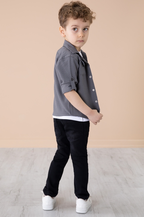 Füme Erkek Çocuk Çıtçıtlı Gömlekli Pantolonlu 3lü Alt Üst Takım 20262