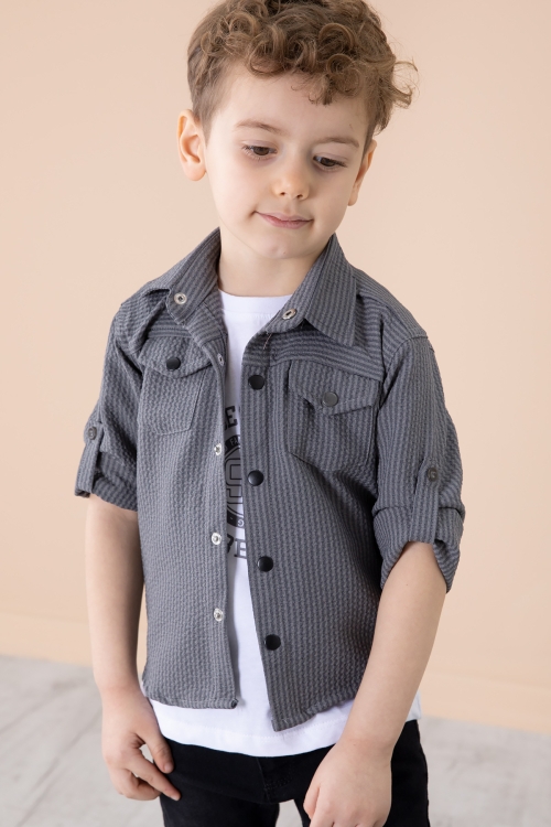 Füme Erkek Çocuk Çıtçıtlı Gömlekli Pantolonlu 3lü Alt Üst Takım 20262