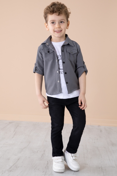 Füme Erkek Çocuk Çıtçıtlı Gömlekli Pantolonlu 3lü Alt Üst Takım 20262