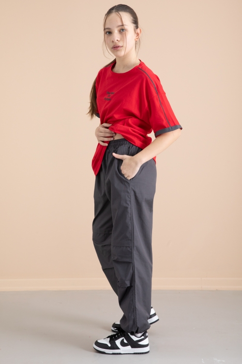 Füme Kız Çocuk Paraşüt Pantolonlu 2li Takım 20390