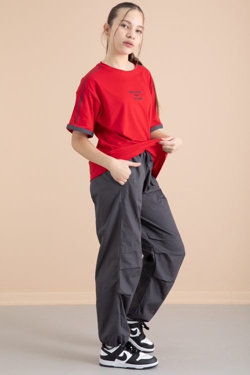 Füme Kız Çocuk Paraşüt Pantolonlu 2li Takım 20390