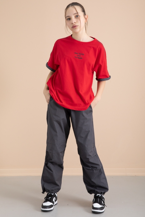 Füme Kız Çocuk Paraşüt Pantolonlu 2li Takım 20390